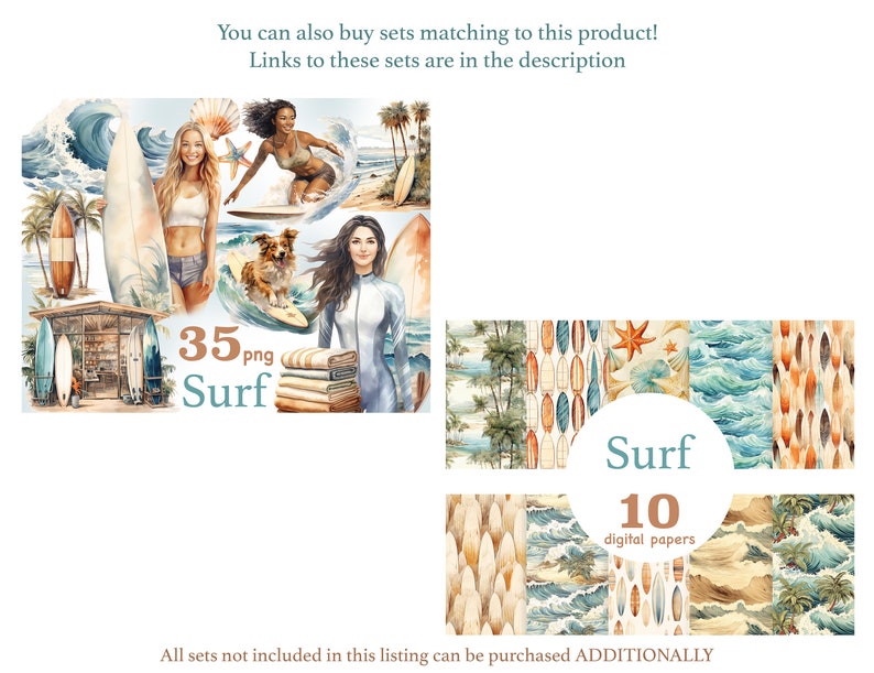 Surf Girl Clipart: Summer Surfing PNG Graphics (Digital Download) image 2