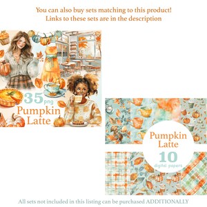 Pu&ograve; includere: Illustrazioni ad acquerello a tema autunnale, con zucche, lattes e foglie autunnali. L'immagine include il testo "35 png Pumpkin Latte" e "10 carte digitali". La tavolozza dei colori &egrave; calda, con toni arancioni, verde acqua e marroni.