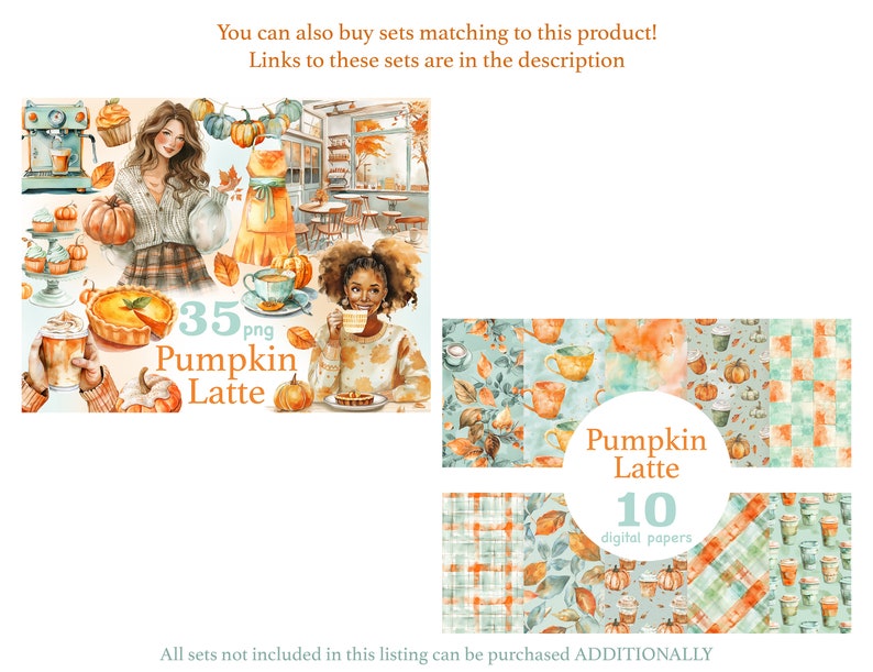 Pu&ograve; includere: Illustrazioni ad acquerello a tema autunnale, con zucche, lattes e foglie autunnali. L'immagine include il testo "35 png Pumpkin Latte" e "10 carte digitali". La tavolozza dei colori &egrave; calda, con toni arancioni, verde acqua e marroni.