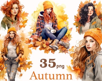 Watercolor Autumn girl clipart png, fashion girl clipart, woman autumn watercolor in PNG format, Autumn Planner Graphics, Girl Illustration