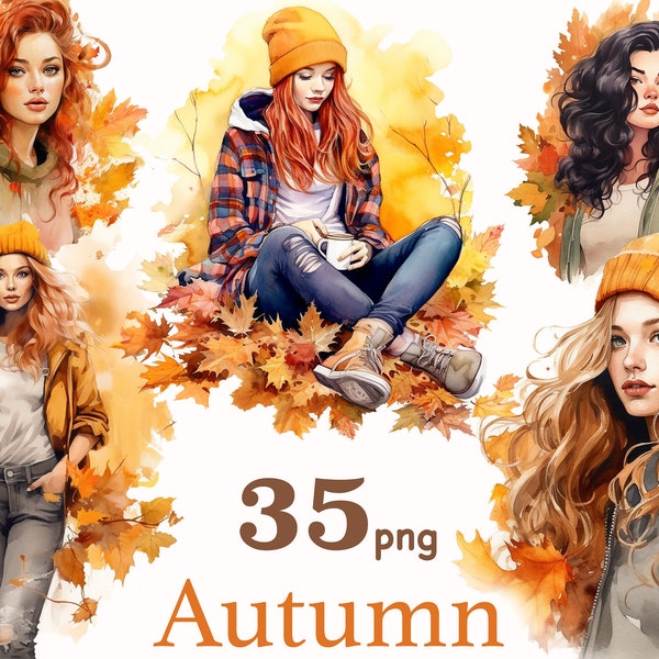 Watercolor Autumn girl clipart png, fashion girl clipart, woman autumn watercolor in PNG format, Autumn Planner Graphics, Girl Illustration