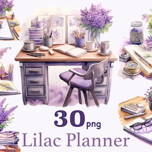 Clipart de chica planificadora, clip art de planificador púrpura lila, lindas escenas de planificador de acuarela, imágenes prediseñadas de escritorio, linterna, libro, flor, Cottagecore png