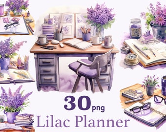 Watercolor Planner Girl Clipart: Lilac Cottagecore Scenes (PNG)