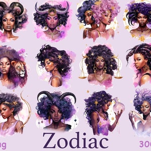 Zodiac black girls clipart, black skin goddess clipart, gemini capricorn aquarius libra virgo taurus aries pisces clipart, zodiac download