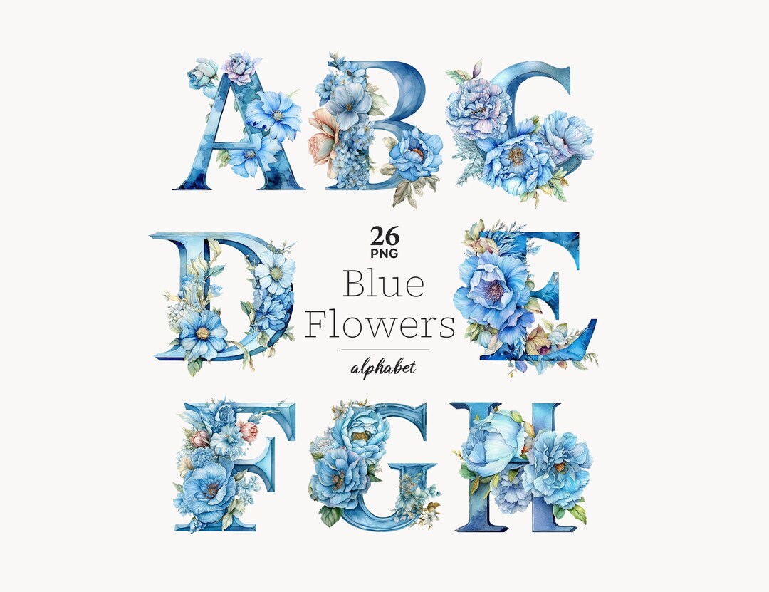 Blue Floral Alphabet Letters: Blue Flowers Invitation PNG Font (digital ...