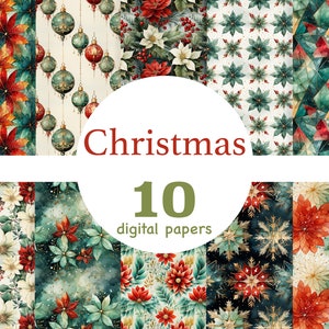 Papel digital de Natal, padrão digital de Natal sem costura, papéis digitais de ouro verde vermelho, artesanato em papel digital, gráficos de Natal jpeg