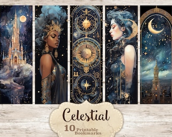 Celestial Bookmarks Printable: Watercolor Star & Moon (Digital Download)