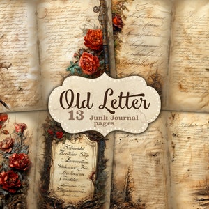 Páginas de diario basura de cartas antiguas, carta vintage, efímera romántica, hoja de collage floral rojo, carta manuscrita, cartas antiguas, letras
