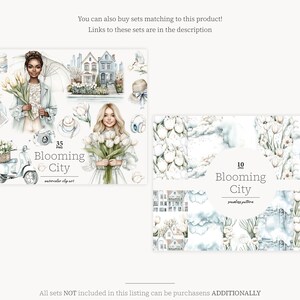 K&ouml;nnte beinhalten: Ein digitales Illustrationsset mit aquarellartigen Bildern einer Stadt mit bl&uuml;henden Blumen, einer Frau, die einen Blumenstrau&szlig; h&auml;lt, einem Roller und einer Tasse Kaffee. Das Set enth&auml;lt 35 PNG-Dateien und 10 nahtlose Muster. Der Text "Blooming City" ist im Bild enthalten.