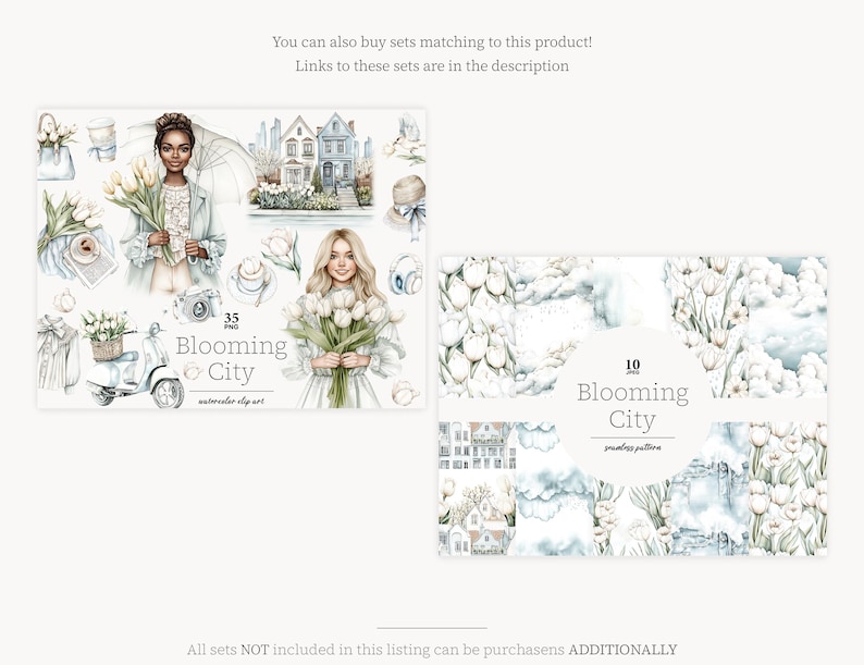 K&ouml;nnte beinhalten: Ein digitales Illustrationsset mit aquarellartigen Bildern einer Stadt mit bl&uuml;henden Blumen, einer Frau, die einen Blumenstrau&szlig; h&auml;lt, einem Roller und einer Tasse Kaffee. Das Set enth&auml;lt 35 PNG-Dateien und 10 nahtlose Muster. Der Text "Blooming City" ist im Bild enthalten.