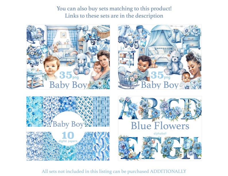 Puede incluir: Un conjunto de clipart digital con ilustraciones de acuarela de un tema de guarder&iacute;a para beb&eacute;s, flores azules y un alfabeto azul. El conjunto incluye 35 archivos PNG y 10 papeles digitales.