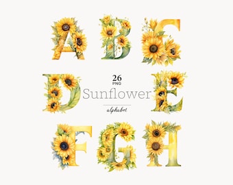 Sunflower Alphabet PNG: Summer and spring yellow flowers Font (Digital Download)