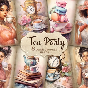Tea Time Junk Journal Kit, Black Woman Collage Sheet, Victorian Picture Collage, Tea Pot Picture Collage, Antique Junk Journal Paper