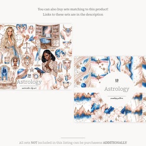 May include: Watercolor clipart and seamless patterns with an astrology theme. The clipart features illustrations of zodiac signs, celestial elements, and figures. The patterns include designs with stars, planets, and abstract shapes. The word "Astrology" is written on the image.