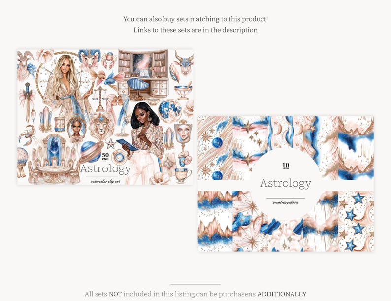 May include: Watercolor clipart and seamless patterns with an astrology theme. The clipart features illustrations of zodiac signs, celestial elements, and figures. The patterns include designs with stars, planets, and abstract shapes. The word "Astrology" is written on the image.