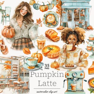 Pu&ograve; includere: Set di clip art ad acquerello con illustrazioni a tema autunnale. Include immagini di zucche, lattes, prodotti da forno e persone che gustano il caff&egrave;. Il testo "Pumpkin Latte" &egrave; visualizzato in un carattere stilizzato. La tavolozza dei colori comprende arancione, marrone e verde acqua.