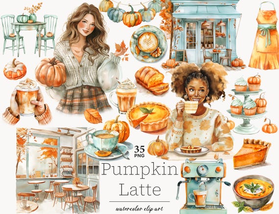 Pumpkin Latte Clipart: Autumn Coffeehouse PNG Graphics (Digital Download)