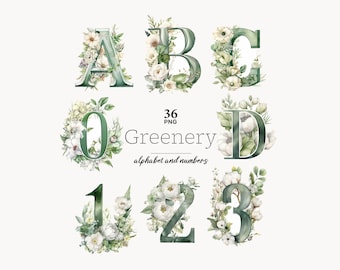 Green Floral Alphabet Clipart: Greenery Letters & Numbers (PNG Digital Download)