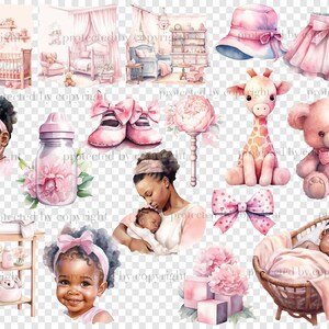 Baby Girl Black Clipart. Watercolor black girls, black baby girl in mother's arms, pink rattle, pink children's room interiors for girls, pink crib, pink shoes, skirt, pink teddy giraffe, teddy bear, children's pink hat and skirt