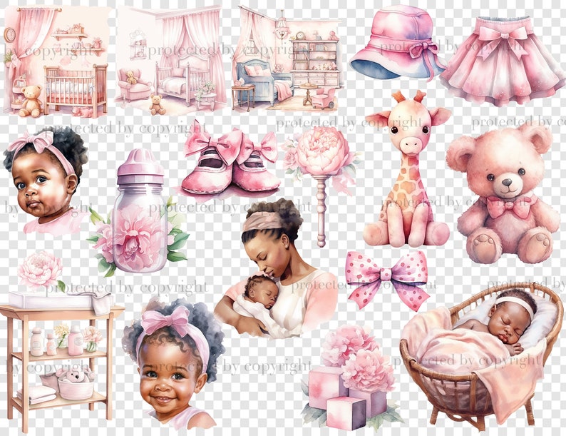 Baby Girl Black Clipart. Watercolor black girls, black baby girl in mother's arms, pink rattle, pink children's room interiors for girls, pink crib, pink shoes, skirt, pink teddy giraffe, teddy bear, children's pink hat and skirt
