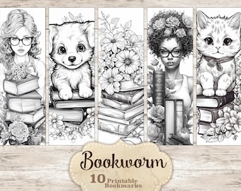 Animals Reading Coloring Bookmarks: Printable Bookworm Activity (Digital Download)