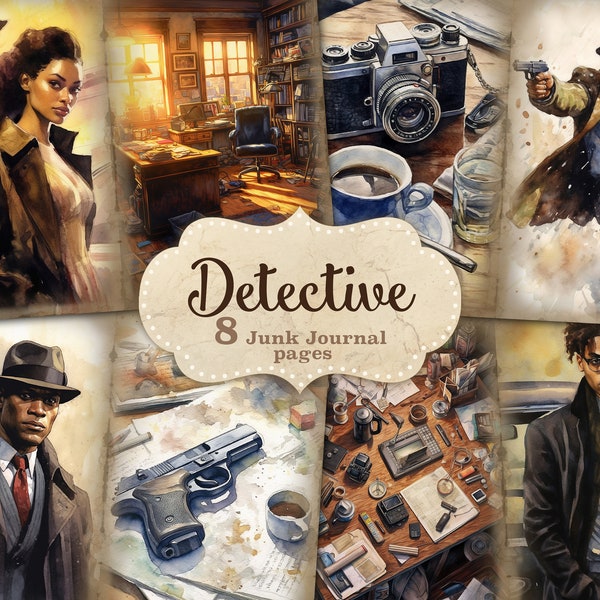 Detective Junk Journal Kit, True Crime Collage Sheets, Sleuth Illustrations, Black Man Journal Card, Pistol Art Journal