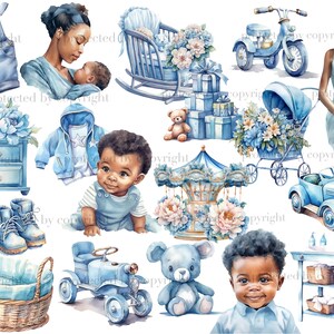 Baby Boy Black Clipart. Watercolor black boy, black boy in mother's arms, pregnant black girl in a blue dress, blue children's toys, tricycle, blue bear toy, blue chest of drawers with peonies, changing table, retro children's car