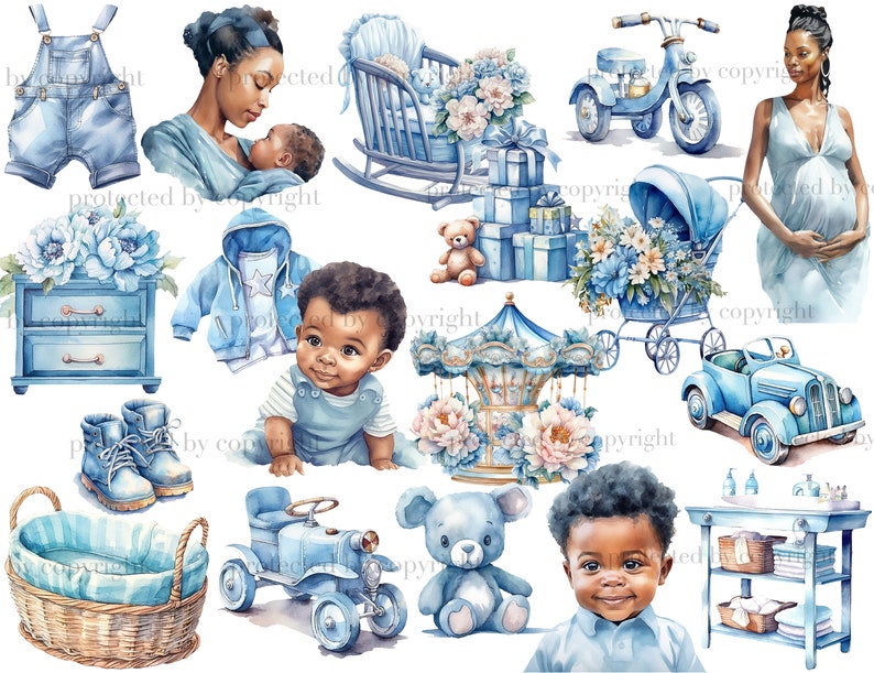 Baby Boy Black Clipart. Watercolor black boy, black boy in mother's arms, pregnant black girl in a blue dress, blue children's toys, tricycle, blue bear toy, blue chest of drawers with peonies, changing table, retro children's car