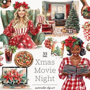 Clipart de noche de película navideña, png de noche de película navideña, clip art de vacaciones png, clipart de casa navideña, png de niña negra navideña, escena png