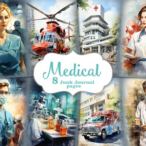 Páginas de diarios basura médica, imprimibles de enfermeras, kit de diario basura de medicina, papel de diario basura de doctor, hoja de collage digital del hospital, efímera