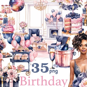 Alles Gute zum Geburtstag Clipart, schwarz Mädchen Geburtstag Clipart, Geburtstag Party Clipart, bday schwarze Frau Clipart, Geburtstagskuchen Clipart, Luftballons, Geschenk