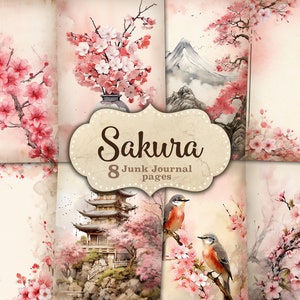 Sakura Junk Journal Seiten, Blumen Collage Blatt, Frühling Ephemera, Japan Bild Collage, Japanischer Berg, Junk Journal Papier Bundle