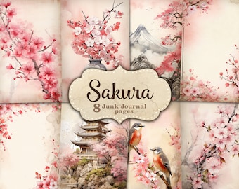 Puede incluir: Ocho páginas digitales de álbum de recortes con ilustraciones de acuarela de flores de cerezo, una pagoda japonesa, una montaña y pájaros. Las páginas se titulan "Sakura Junk Journal Pages".