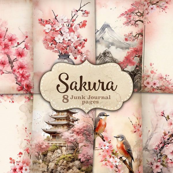 Pagine di diario spazzatura Sakura, foglio di collage di fiori, effimeri primaverili, collage di immagini giapponesi, montagna giapponese, pacchetto di carta di diario spazzatura