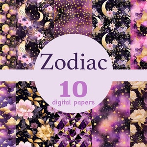 Papel digital do zodíaco, padrão digital do zodíaco sem costura, papel digital floral celestial, pacote de papel digital sem emenda da estrela celestial jpeg