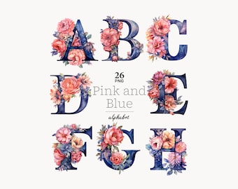 Floral Alphabet Clipart: Pink & Navy flowers letters (PNG Digital Download)