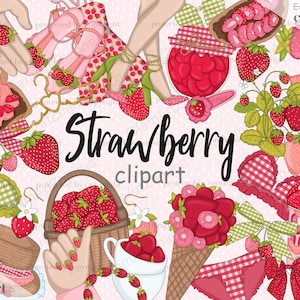 spring summer strawberry clipart, Sweet Strawberry Clipart For Stickers, cottagecore jam picnic illustration graphics, basket, heart