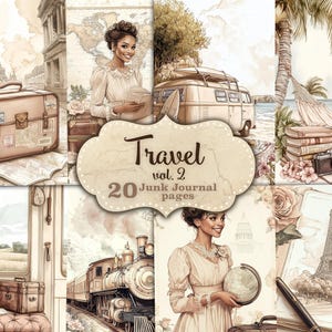 Pages de carnet de voyage vintage, trousse de voyage afro-américaine, papier de scrapbooking valise ancienne, carnet de vacances, téléchargement numérique