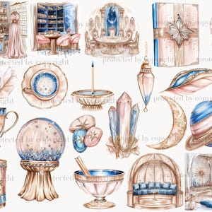 May include: Watercolor illustrations of mystical and celestial objects. Includes a crystal ball, a sword with a pink bow, a teacup, a crescent moon, a planet, a candle, and a book. The color palette is soft, with blues, pinks, and gold accents.