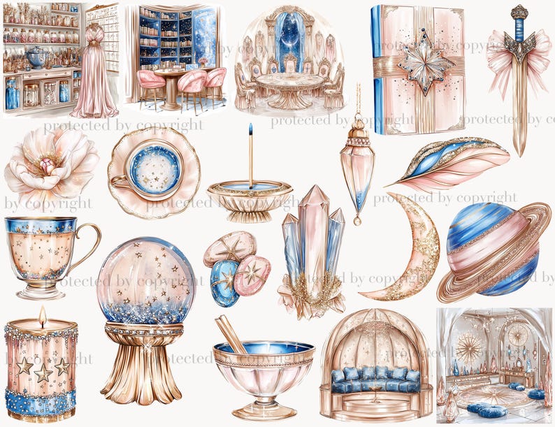 May include: Watercolor illustrations of mystical and celestial objects. Includes a crystal ball, a sword with a pink bow, a teacup, a crescent moon, a planet, a candle, and a book. The color palette is soft, with blues, pinks, and gold accents.