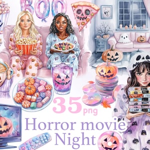 Fiesta de pijamas de Halloween png, clipart de noche de película de terror, png de noche espeluznante, clipart de Halloween pastel, png de Halloween pastel, png de película de miedo