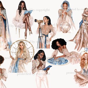 May include: A collection of illustrations featuring women in elegant gowns and robes, some holding books, gazing into crystal balls, or using a telescope. The color palette includes gold, blue, and peach tones, with sparkling accents.