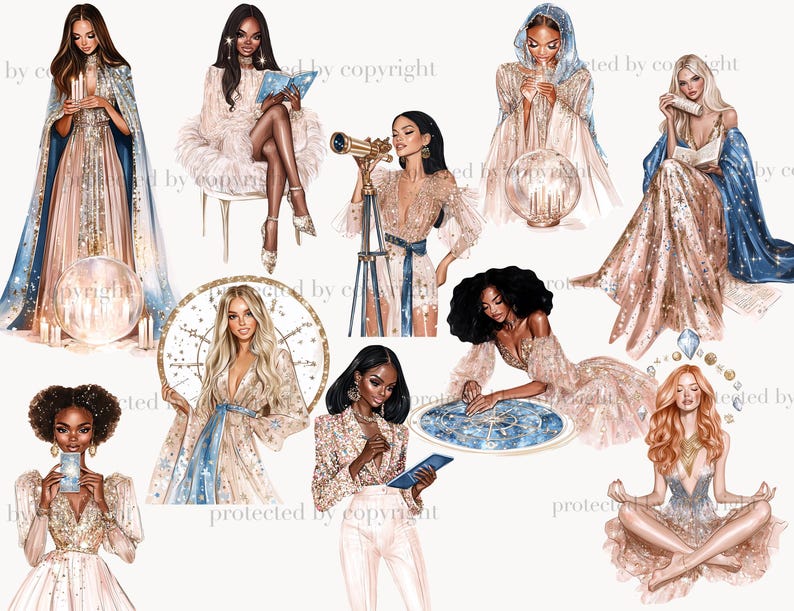 May include: A collection of illustrations featuring women in elegant gowns and robes, some holding books, gazing into crystal balls, or using a telescope. The color palette includes gold, blue, and peach tones, with sparkling accents.
