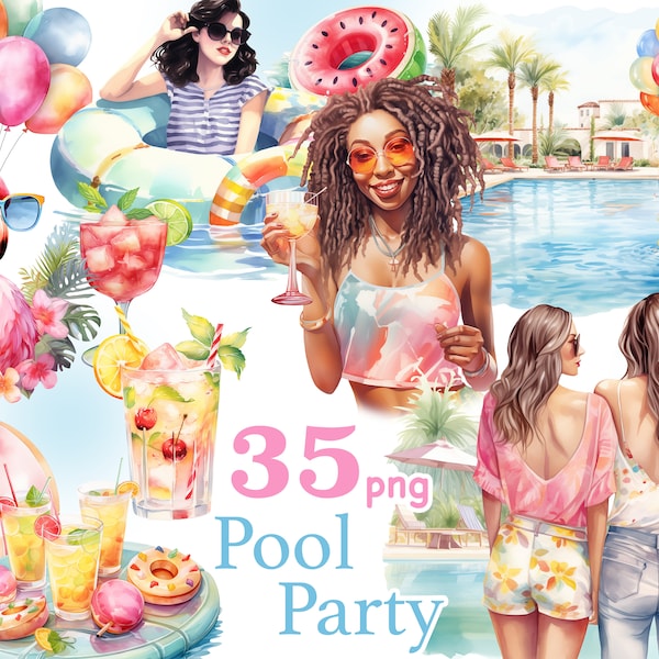 Pool party clip art, summer party clipart, pool party woman png, pool party black girl png, hello summer clipart, vacation graphics, travel