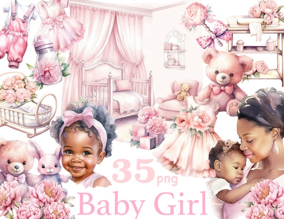 Black Baby Girl Clipart: Baby Shower PNG Set (Digital Download)