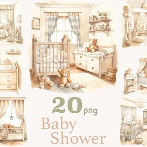 Kinderkamer clipart, kinderkamer scène clipart, baby shower scène clipart, baby decor clipart, kinderkamer clipart, aquarel babyshower