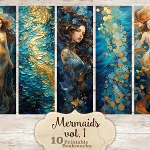 Mermaids Bookmarks téléchargement numérique, ensemble de signets imprimés et coupés, feuille de signets, signet aquarelle, conceptions de signets, signets de conte de fées