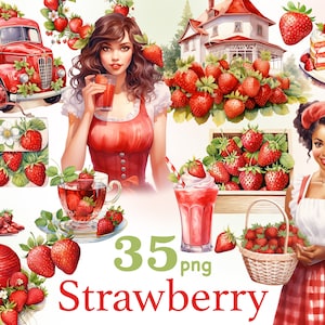 Image clipart fraise, fille avec fraise png, femme noire avec fraise clipart, illustration fraise, panier avec fraises png