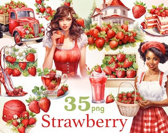 Strawberry Clip Art: Girl with Strawberries PNG (35 Files) (Digital Download)