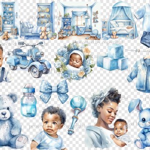 Baby Boy Black Clipart. Watercolor black boy, black boy in mother's arms, blue children's toys and clothes, cubes, rattle, blue rabbit toy, teddy bear toy, blue scenes with children's rooms with cribs, toys and wardrobes, blue baby shirt